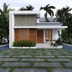 a small white house with wooden shutters on the front and side windows, surrounded by palm trees