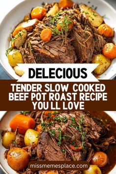 two pictures with the words delicious tender slow cooked beef pot roast recipe you'll love