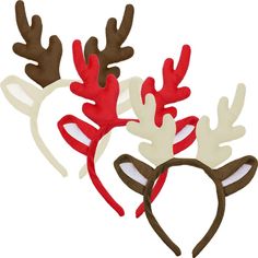 two reindeer antlers with red and white horns on their ears, one is wearing a heart shaped headband