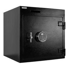 a black safe box with a combination lock