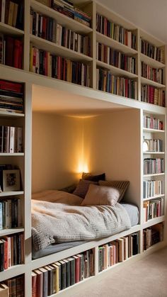 there is a bed in the middle of bookshelves with lights on each side