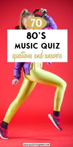 a woman in yellow tights with the words 70's music quiz questions and answers