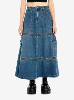 This indigo denim maxi skirt has two portions that zip off  as well as grommeted cargo pockets on each side. 99% cotton; 1% spandexWash cold; dry lowLength: 36"ImportedListed in junior sizesModel is 5'10"Model wears size Small Cargo Skirt Pattern, Denim Blue Cotton Cargo Skirt With Pockets, High Rise Denim Maxi Skirt With Pockets, Jean Maxi Skirt Outfit, Cargo Maxi Denim Skirt, Dark Wash Denim Cargo Skirt With Pockets, Mid-rise Denim Cargo Skirt, Social Collision, Maxi Jean Skirt