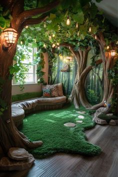 a living room decorated with fake trees and grass