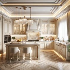 a large kitchen with white cabinets and wooden flooring is lit by pendant lights above the island