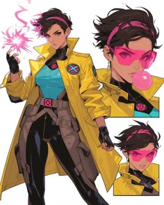 an image of a woman in yellow jacket and black pants with pink glasses on her face