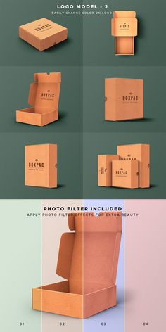 the packaging design is designed to look like an open cardboard box, with different colors and sizes