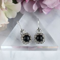 925 Sterling Silver Handcrafted Filigree Art Flower Figured Drop Earrings with Genuine Black Onyx Gemstone Black Pierced Earrings In Fine Jewelry Style, Black Pierced Earrings Fine Jewelry, Elegant Black Drop Earrings Jewelry, Elegant Onyx Jewelry For Evening, Black Sterling Silver Fine Jewelry Earrings, Elegant Onyx Dangle Jewelry, Elegant Onyx Earrings, Elegant Round Onyx Earrings, Elegant Onyx Earrings For Party