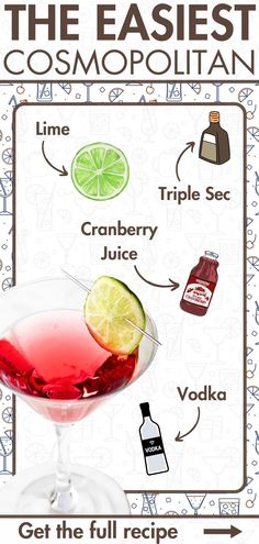 the easy to make cocktail recipe for cosmopolian is shown in this poster