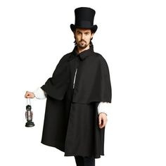 Feel like your living in the 1800's with this Victorian Cloak. This Inverness coat is all black and features a collar at the top. A piece of velcro holds the cloak together allowing the wearer to easily dress and undress. This cloak is perfect for those looking to complete a steampunk or Victorian era style costume. Size: XL/XXL. Black Steampunk Costume Outerwear, Black Vampire Style Outerwear For Costume Party, Victorian Black Outerwear For Costume Party, Gothic Cape Outerwear For Costume Party, Gothic Cape Outerwear For Costumes, Medieval Cape Outerwear For Costume Party, Medieval Style Cape For Costume Party, Medieval Cape For Costume Party, Halloween Cape Outerwear For Larp