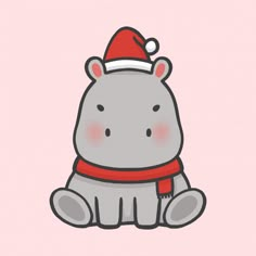 a cartoon hippo wearing a santa hat and scarf sitting in front of a pink background