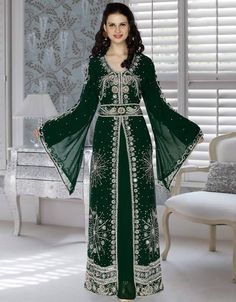 Modern Kaftan With Bell Sleeves Georgette Fabric, Green Color, Handmade, Newest, Takchita Style:Arabic Attire Sca Dress, Turkish Kaftan, Moroccan Wedding Dress, Modern Kaftan, Green Kaftan, Chiffon Kaftan, Waist Belt Women, Arabian Dress, Modest Evening Dress