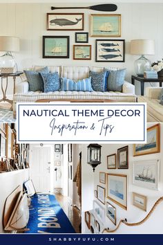 nautical themed home decor is featured in this postcard style photo collage with blue and white accents