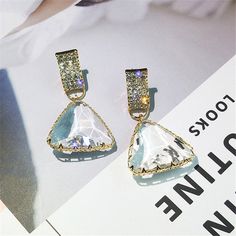 Golden Triangle Crystal Drop Earrings Dangle Earrings Wedding, Glass Drop Earrings, Gem Earrings, Stud Style, Statement Drop Earrings, Glass Gems, Party Earrings, Triangle Earrings, Square Earrings