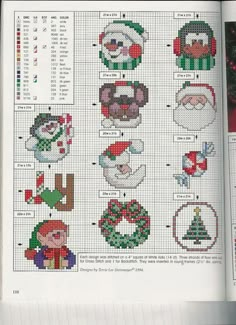 an open book with cross stitch christmas designs on the pages and instructions to make it look like