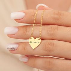 "14K Gold Custom Heart Name Necklace (Personalized Initial Heart Pendant, Dainty Heart Jewelry) is a perfect gifts for her women, a mom, a sister, or your wife on Christmas, birthday, anniversary. Materials: 925K Sterling Silver Charm Size: Height 2cm x Width 2cm Style: Minimalist Chain style: Cable Chain length: from \"12 (+2\" Extender) to \"22 +2\" Extender) -  (+2\" extender for each product to help if you want to adjust)  Finish: Silver, Gold OTHER INFORMATION MATERIAL - We produce our jewe Valentine's Day Heart Necklace With Heart Print, Mother's Day Gift Heart Print Necklace, Heart Cut Necklace With Heart Print For Valentine's Day, Valentine's Day Heart Cut Necklace With Heart Print, Valentine's Day Heart Print Necklace, Heart Necklace With Heart Charm For Mother's Day, Mother's Day Heart Necklace With Heart Charm, Engraved Heart Pendant Necklace For Valentine's Day, Mother's Day Jewelry Gift With Heart Print