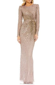 Shimmering sequins and brilliant beadwork direct the dazzle of this close-fitting sheath gown set with a pretty puff atop each sleeve. Jewel neck Long sleeves Lined, except sleeves 100% polyester Spot clean Imported Asian Owned/Founded Luxury Fitted Sequin Mother Of The Bride Dress, Luxury Fitted Mother Of The Bride Dress With Sequins, Glamorous Mother Of The Bride Dress With Sequins, Dress Promnight, Dress For Women Over 50, Dress For Ball, Bride Dress Short, Cocktail Dress For Women, Mother Of The Groom Dress