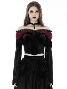 Black and Red Vintage Gothic Lace Off-the-Shoulder Velvet Short Top for Women - Devilnight.co.uk Black Velvet Blouse, Lace Bell Sleeves, Red Lace Top, Black Velvet Top, Dark In Love, Gothic Lace, Gothic Skirts, Chevron Top