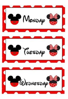 three red and white mickey mouse name tags with the words monday, wednesday, and disney