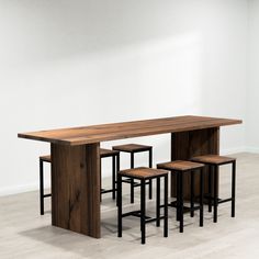 a wooden table and four stools in a room