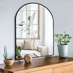 a mirror sitting on top of a wooden dresser next to a potted plant in a vase