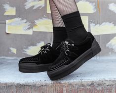 Add some height to your sneaker collection. Features one of our crowd-pleasing upper styles of black cow suede with classic D-rings & iconic interlace detailing along the front. Has a platform height that stands at 1 ¾”. Comes with removable insoles with a 3mm layer of memory foam and a lightly padded tongue for added comfort. Platform Creepers, Black Cow, Sneaker Style, Platform Sneaker, D Rings, Store Hours, Shoes Outlet, Sneaker Collection, Creepers