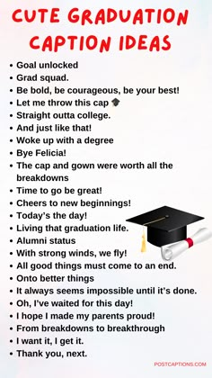 a graduation cap with the words cute graduation caption ideas in red and black on it