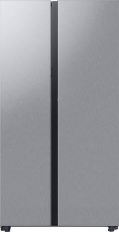 the side by side refrigerator has two doors on each side and is stainless steel with black handles