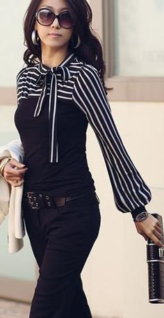 Plus Size High Neck Long Sleeves Striped Patchwork Slim Blouse Blouse With High Neck, Floral Blouses, Long Sleeves Pattern, Slim Blouse, Chiffon Blouses, Blouse Plus Size, High Neck Long Sleeve, Front Tie Top, Cotton Blouse