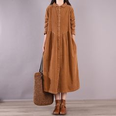 Autumn Solid Retro Corduroy Loose Dress September 2021 new-arrival Brown Corduroy Shirt Dress, Maxi Dress With Long Sleeves, Loose Midi Dress, Maxi Dress For Women, Long Sleeve Wrap Dress, Corduroy Shirt, Women Long Sleeve Dress, Dress With Long Sleeves, Maxi Dress Cotton