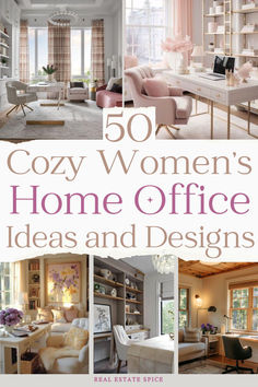 says 50 cozy women's home office ideas and designs with 5 images of home offices desks chairs lighting home decor Mom Office Ideas, In Home Libraries, Home Office Boho Chic, Female Home Office, Home Office Ideas For Women, Cozy Workspace