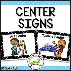 the center signs for art and science centers with pictures of children working on their artwork