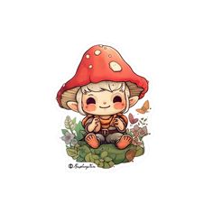 a sticker with an image of a little boy sitting on top of a mushroom