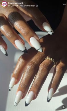 Nails On African American Hands, White Nails Black French Tip, Tuxedo Nails French, French Nails Black Women, Wedding Nails Black Women, 2025 Nail Designs, Classy Almond Nails, Pointed Nails, Minimal Nails