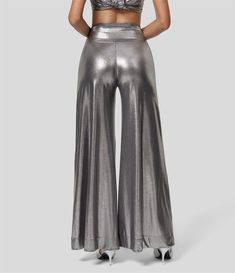 Women’s Cloudful™ Shine Fabric High Waisted Wide Leg Metallic Foil Print Stretchy Party Faux Leather Pants - HALARA Pants Pocket, Party Pants, Leg Work, Bleach Wash, Flare Leggings, Metallic Foil, Faux Leather Pants, Foil Print, Work Pants