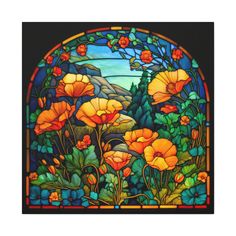 a stained glass window with orange flowers