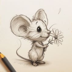 a drawing of a mouse holding a flower