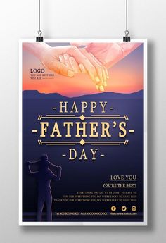 a father's day poster with two hands holding each other in front of the sunset