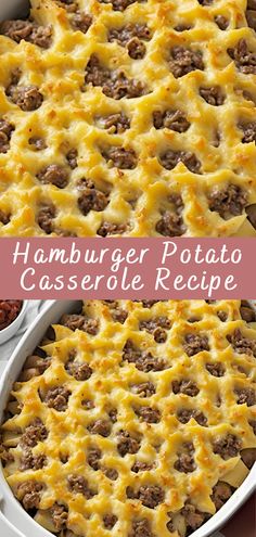 hamburger potato casserole recipe with cheese and ground beef in a white dish on a pink background