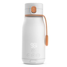 a white and orange thermos bottle with an orange handle is shown on a white background