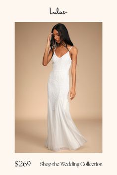 a woman in a white wedding dress with the words lulla's shop the wedding collection