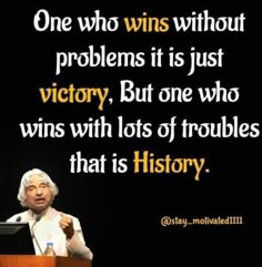 a person standing at a podium with a microphone in front of him and the words, one who wins without problems is just victory