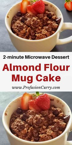 two pictures showing how to make an almond flour mug cake with strawberries and chocolate