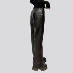 Bring a retro-futuristic trend to your wardrobe with our 2023 Autumn-Winter Collection of Y2K Pu-leather Jeans Pants for women! With a high-waisted silhouette. straight black design. and front seam detailing. these jeans are as stylish as they are traditional. Plus. the zipper and button closure ensures that you can adjust the fit for the perfect look and feel.Distinctive Features: Y2K Style: These wax jeans pants bring the iconic Y2K mode to your wardrobe. the perfect blend of nostalgic chic an Modern High Waist Leather Pants For Fall, Trendy Leather Pants For Fall Streetwear, Fitted Leather Pants For Streetwear, Trendy Fitted Leather Pants For Streetwear, Trendy Winter Leather Pants For Streetwear, Modern High Waist Leather Pants, Chic Straight Leg Leather Pants For Streetwear, Chic Streetwear Leather Pants With Straight Leg, Trendy High-waisted Leather Pants For Streetwear