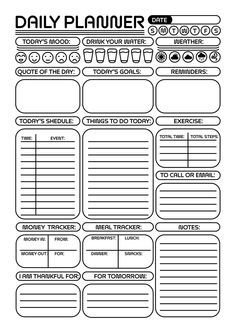 the daily planner is shown in black and white, with lots of text on it