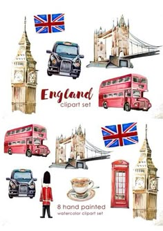 an image of england watercolor clipart set