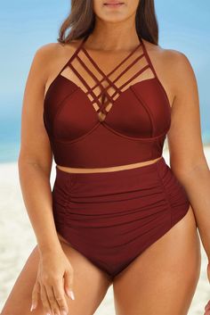 Full Size Halter Neck Crisscross Ruched Two-Piece Swimsuit - Sydney So Sweet Ruched Swimsuit, Swim Sets, High Waist Bottoms, Swimsuits Halter, Brick Red, Swimwear Collection, Chest Pad, Halter Neck, Criss Cross