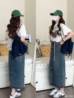 Maong Skirt Outfits Ideas, 80s Korean Fashion, Maong Skirt Outfit, Korean Outfit Summer, Street Style Outfits Casual, Simple Casual Outfits, Simple Style Outfits, Korean Outfit Street Styles