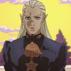 an anime character with blonde hair and green eyes wearing a black outfit, standing in front of a yellow sky