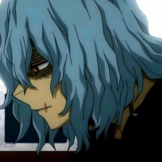 an anime character with blue hair staring at something